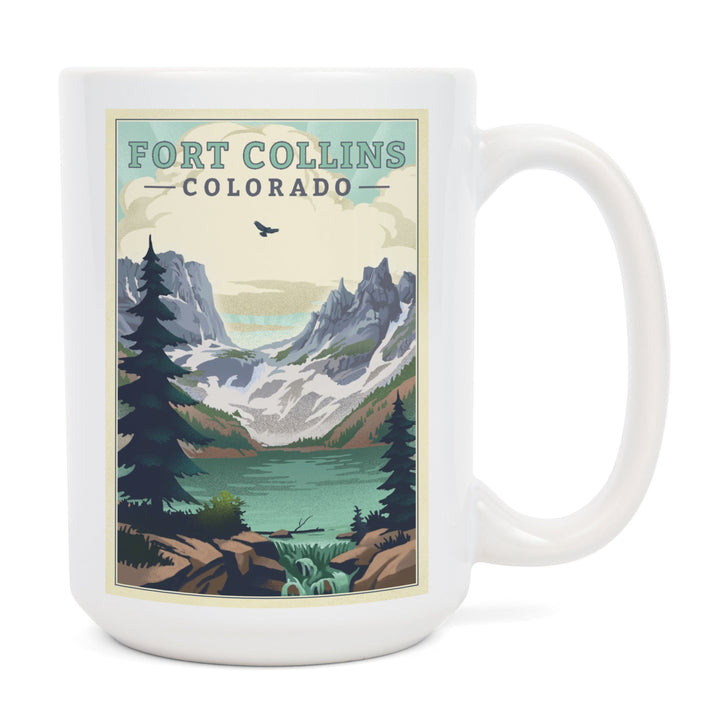 Fort Collins, Colorado, Lake, Lithograph, Lantern Press Artwork, Ceramic Mug Mugs Lantern Press 