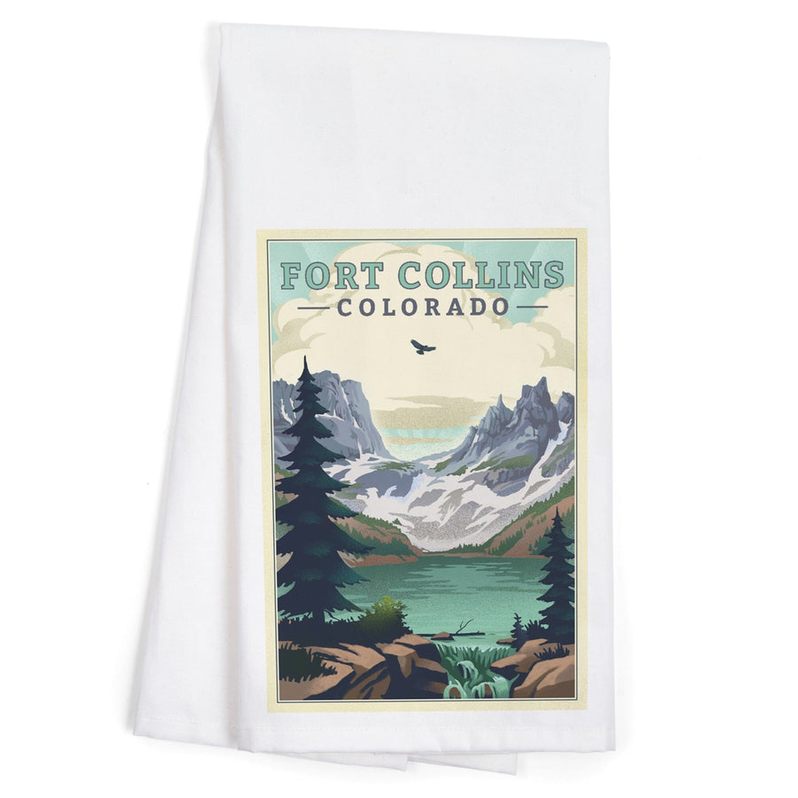 Fort Collins, Colorado, Lake, Lithograph, Organic Cotton Kitchen Tea Towels Kitchen Lantern Press 