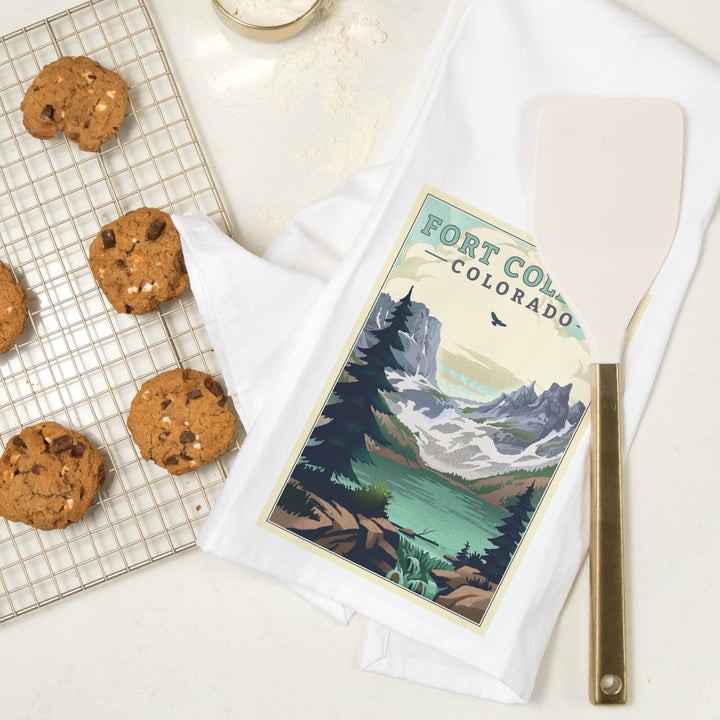 Fort Collins, Colorado, Lake, Lithograph, Organic Cotton Kitchen Tea Towels Kitchen Lantern Press 