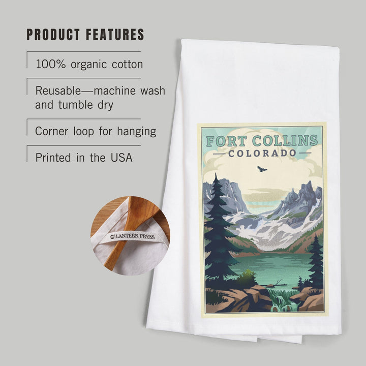 Fort Collins, Colorado, Lake, Lithograph, Organic Cotton Kitchen Tea Towels Kitchen Lantern Press 