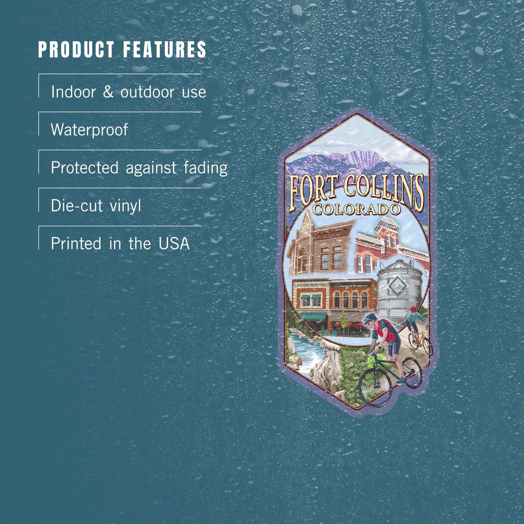 Fort Collins, Colorado, Montage Scenes, Contour, Vinyl Sticker - Lantern Press