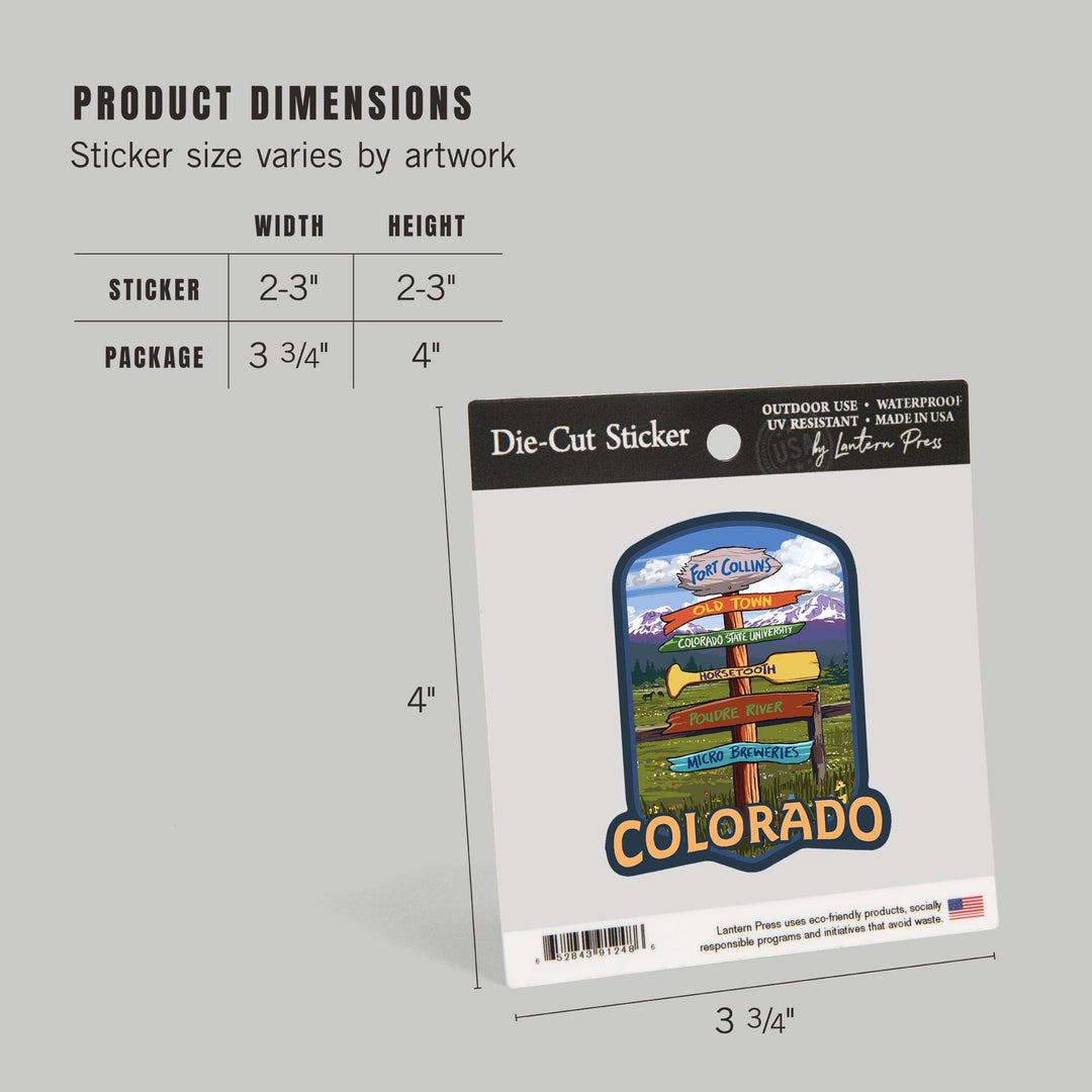 Fort Collins, Colorado, Signpost Destinations, Contour, Lantern Press Artwork, Vinyl Sticker - Lantern Press