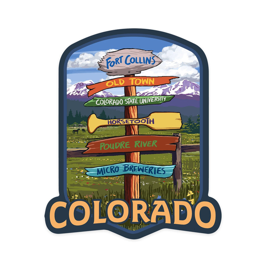 Fort Collins, Colorado, Signpost Destinations, Contour, Lantern Press Artwork, Vinyl Sticker - Lantern Press