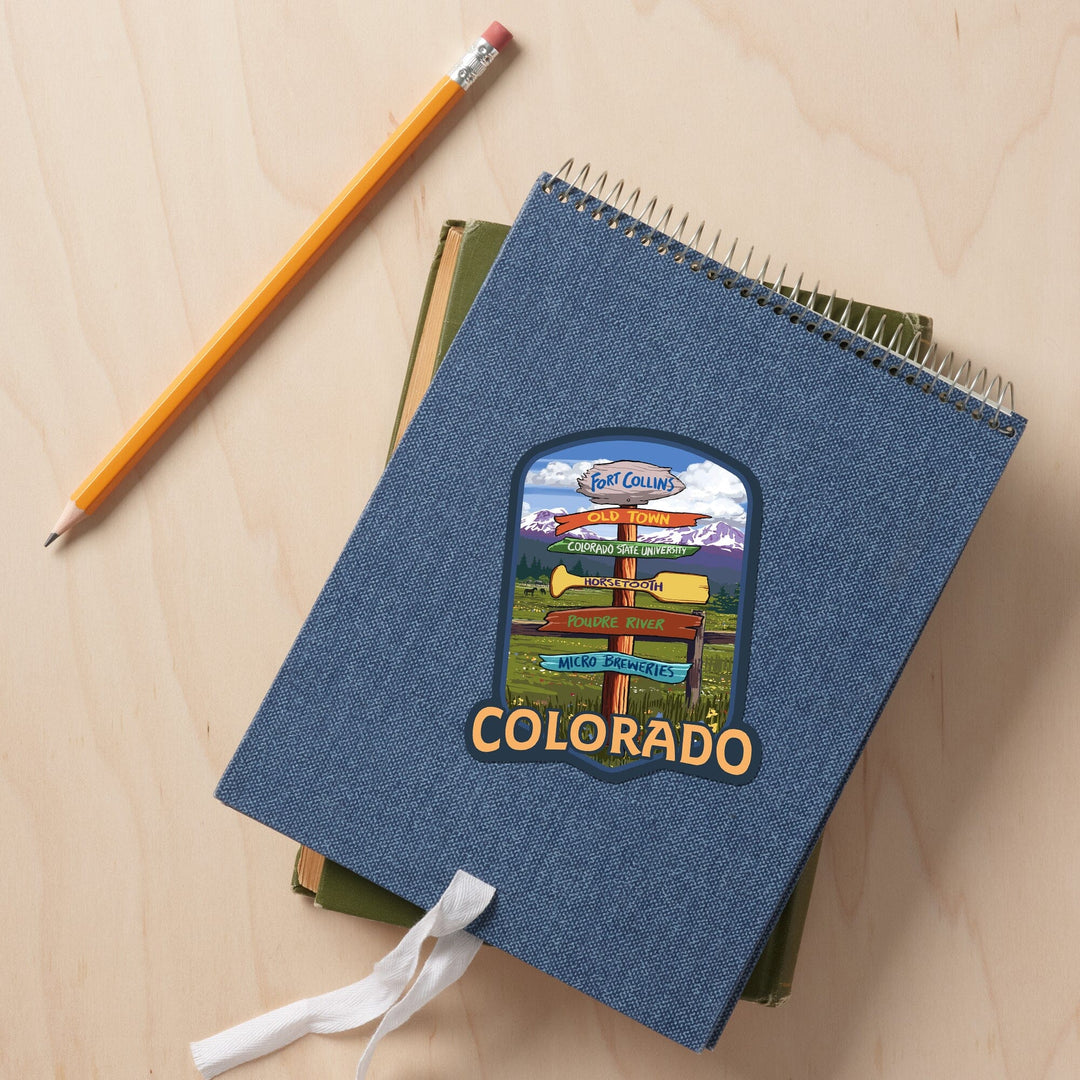 Fort Collins, Colorado, Signpost Destinations, Contour, Lantern Press Artwork, Vinyl Sticker - Lantern Press
