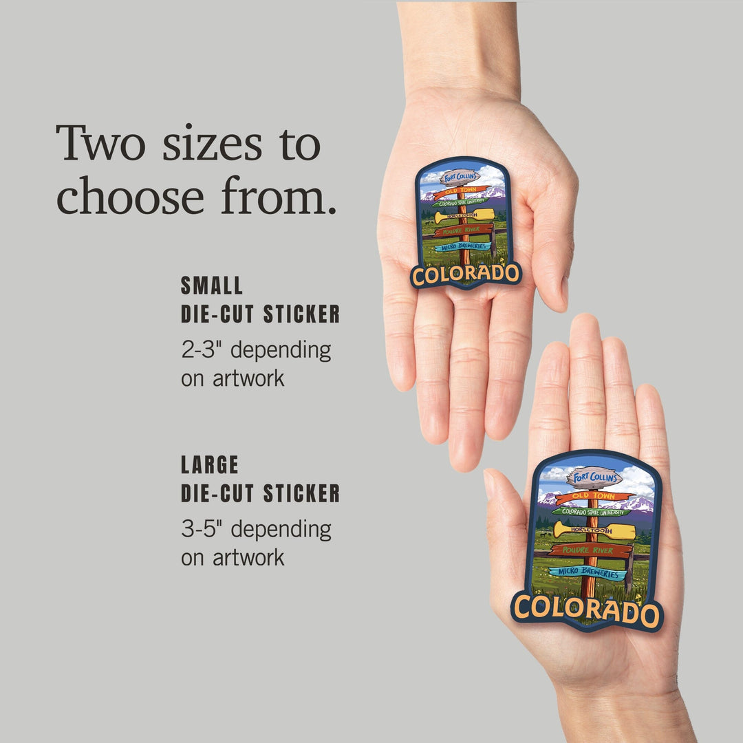 Fort Collins, Colorado, Signpost Destinations, Contour, Lantern Press Artwork, Vinyl Sticker - Lantern Press