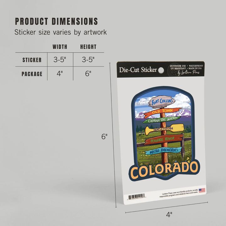 Fort Collins, Colorado, Signpost Destinations, Contour, Lantern Press Artwork, Vinyl Sticker - Lantern Press