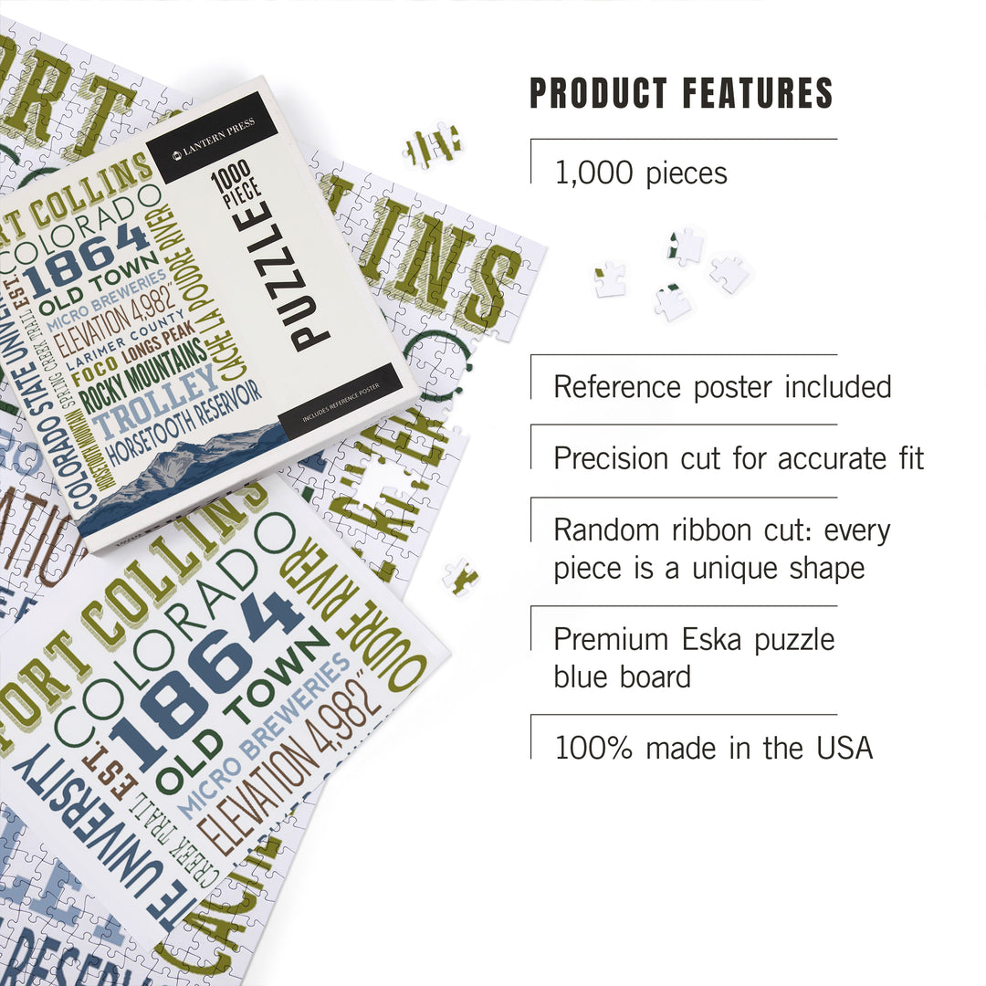 Fort Collins, Colorado, Typography, Jigsaw Puzzle Puzzle Lantern Press 