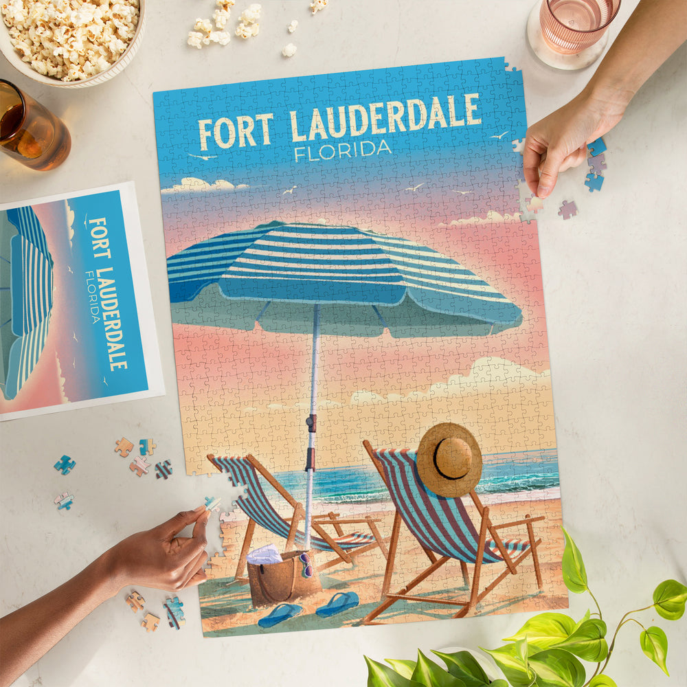 Fort Lauderdale, Florida, Beach Chair and Umbrella, Jigsaw Puzzle Puzzle Lantern Press 