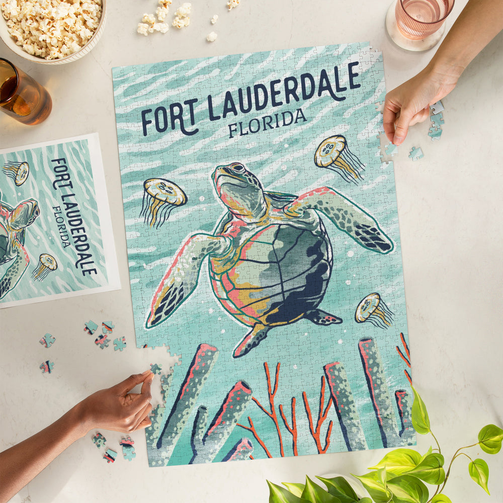 Fort Lauderdale, Florida, Graphic Pastel, Sea Turtle, Jigsaw Puzzle Puzzle Lantern Press 