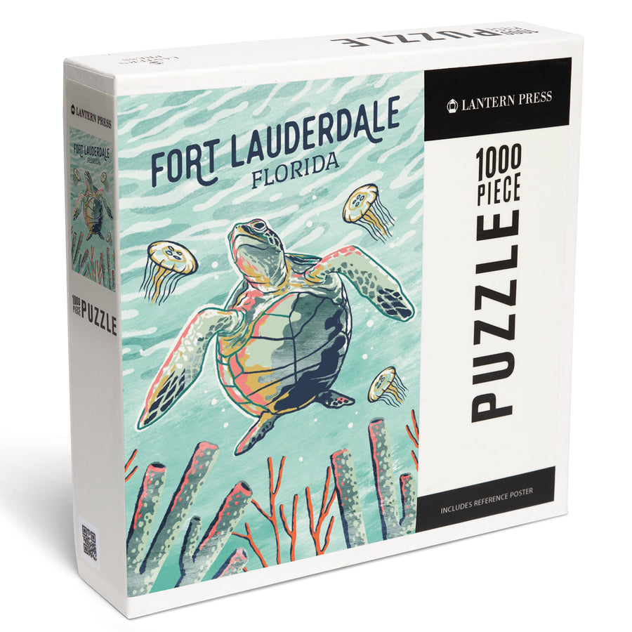 Fort Lauderdale, Florida, Graphic Pastel, Sea Turtle, Jigsaw Puzzle Puzzle Lantern Press 