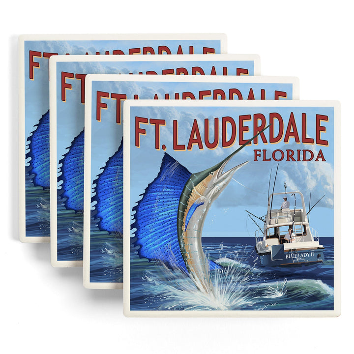 Fort Lauderdale, Florida, Sailfish Scene, Lantern Press Artwork, Coaster Set - Lantern Press