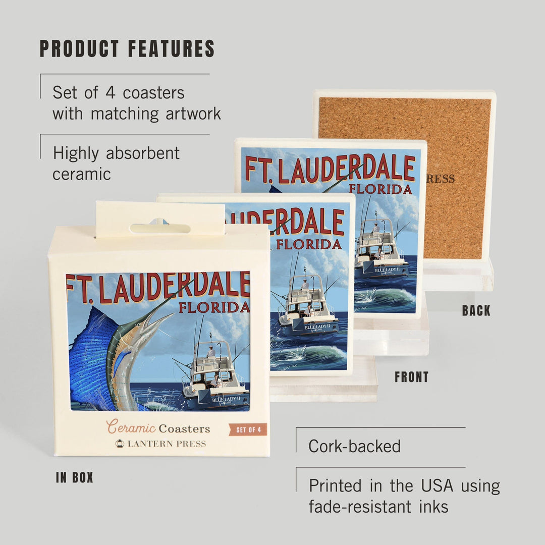 Fort Lauderdale, Florida, Sailfish Scene, Lantern Press Artwork, Coaster Set - Lantern Press