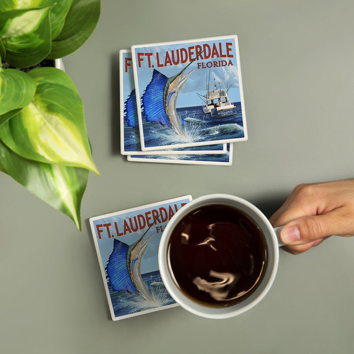 Fort Lauderdale, Florida, Sailfish Scene, Lantern Press Artwork, Coaster Set - Lantern Press