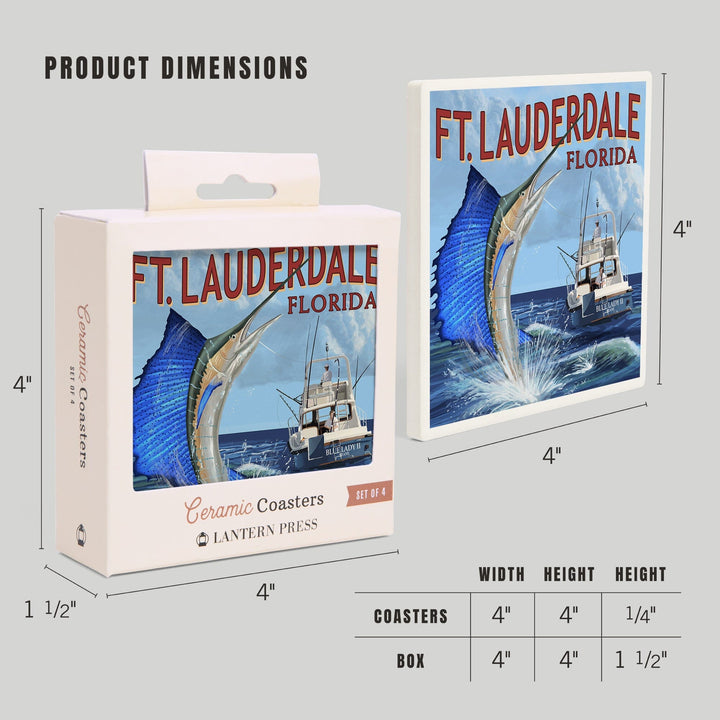 Fort Lauderdale, Florida, Sailfish Scene, Lantern Press Artwork, Coaster Set - Lantern Press