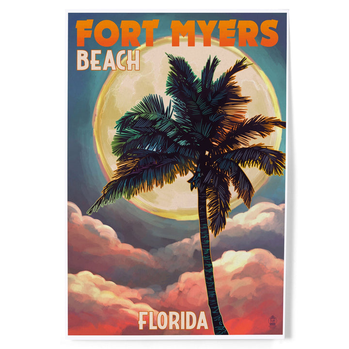 Fort Myers Beach, Florida, Palms and Moon Sunset, Art & Giclee Prints Art Lantern Press 