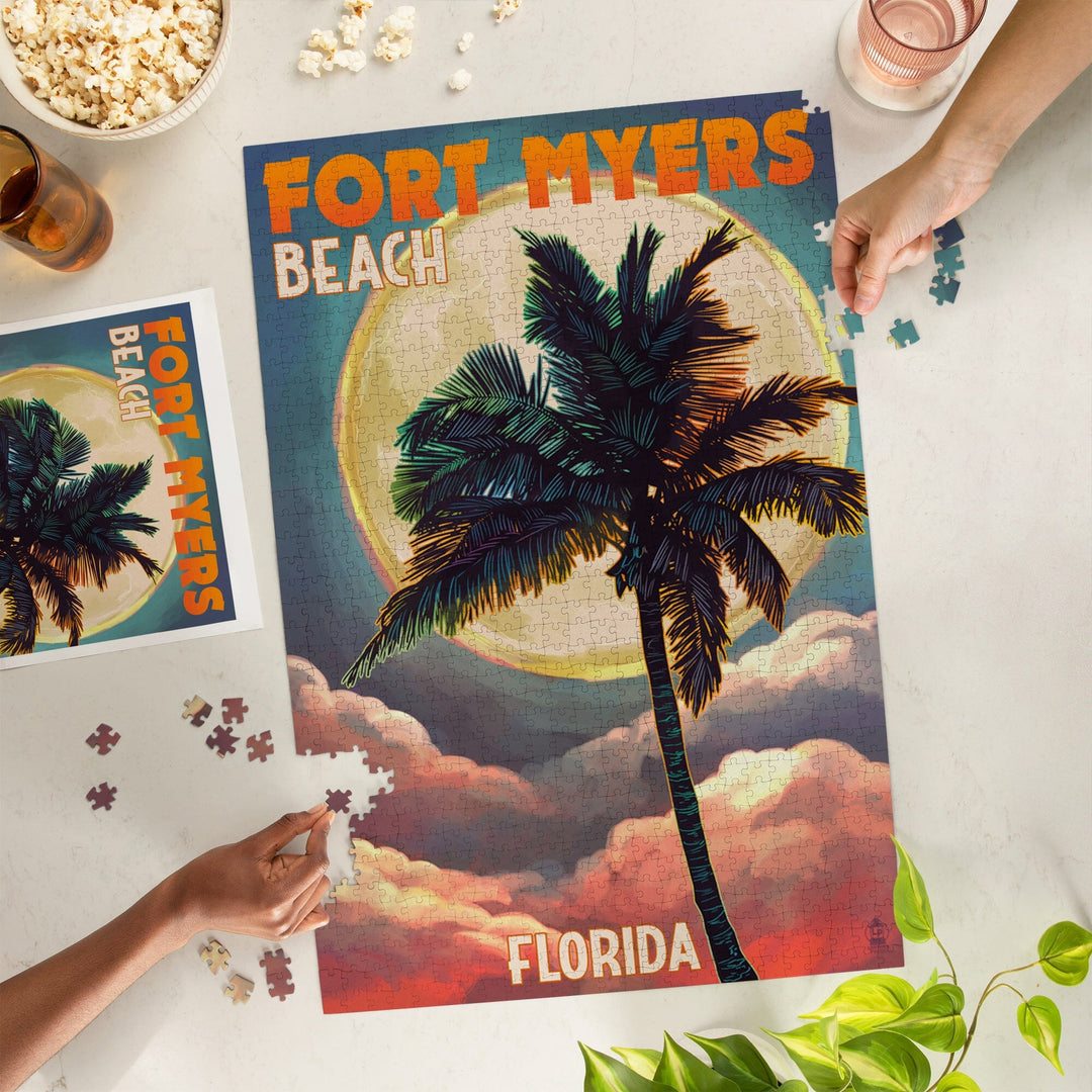 Fort Myers Beach, Florida, Palms and Moon Sunset, Jigsaw Puzzle Puzzle Lantern Press 
