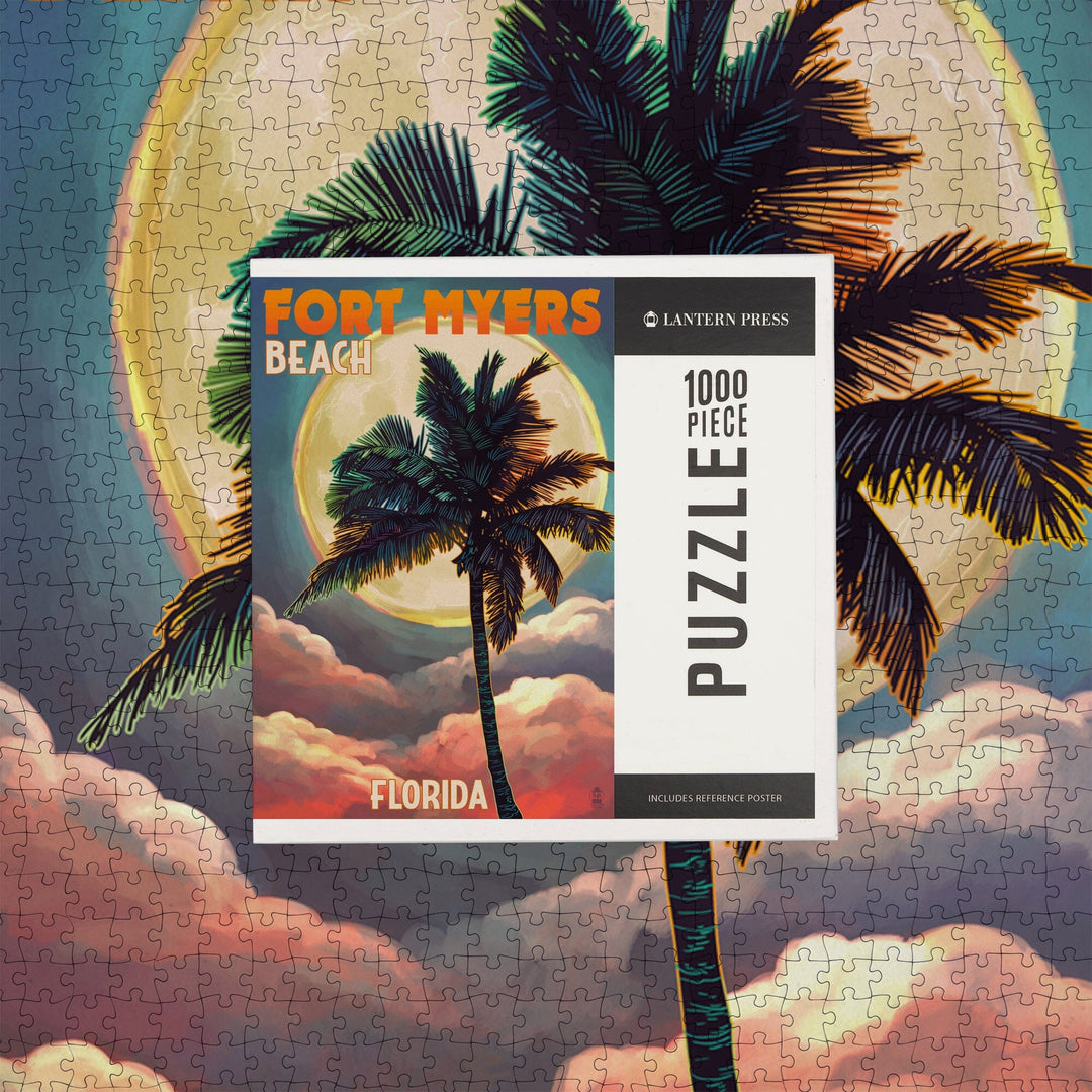 Fort Myers Beach, Florida, Palms and Moon Sunset, Jigsaw Puzzle Puzzle Lantern Press 