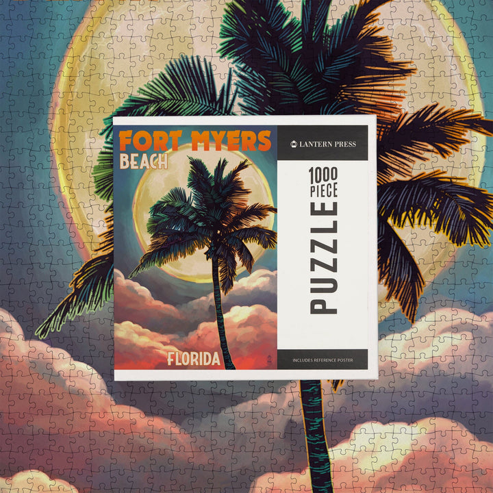 Fort Myers Beach, Florida, Palms and Moon Sunset, Jigsaw Puzzle Puzzle Lantern Press 