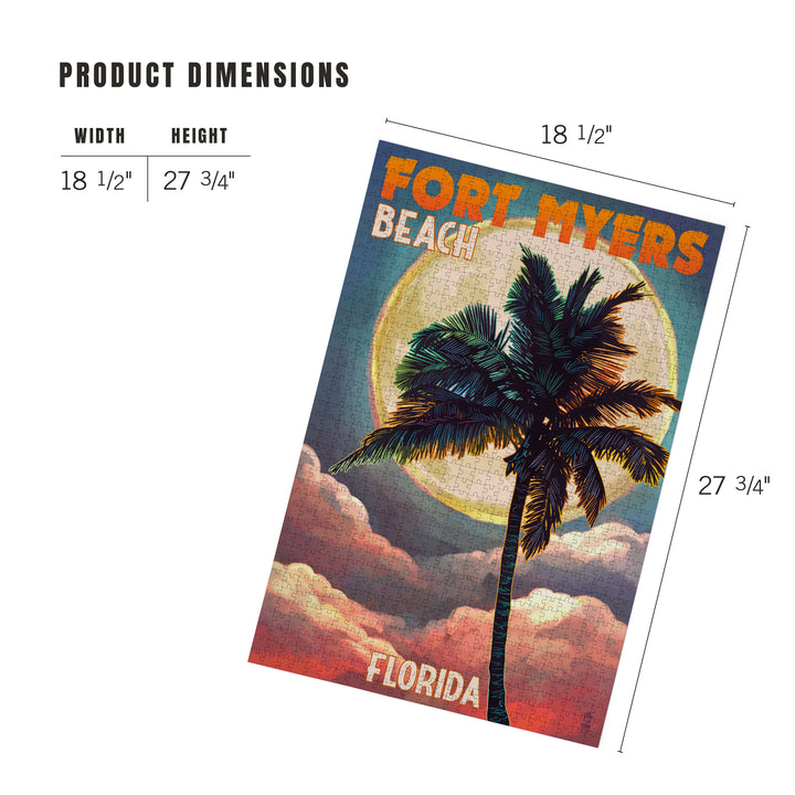 Fort Myers Beach, Florida, Palms and Moon Sunset, Jigsaw Puzzle Puzzle Lantern Press 