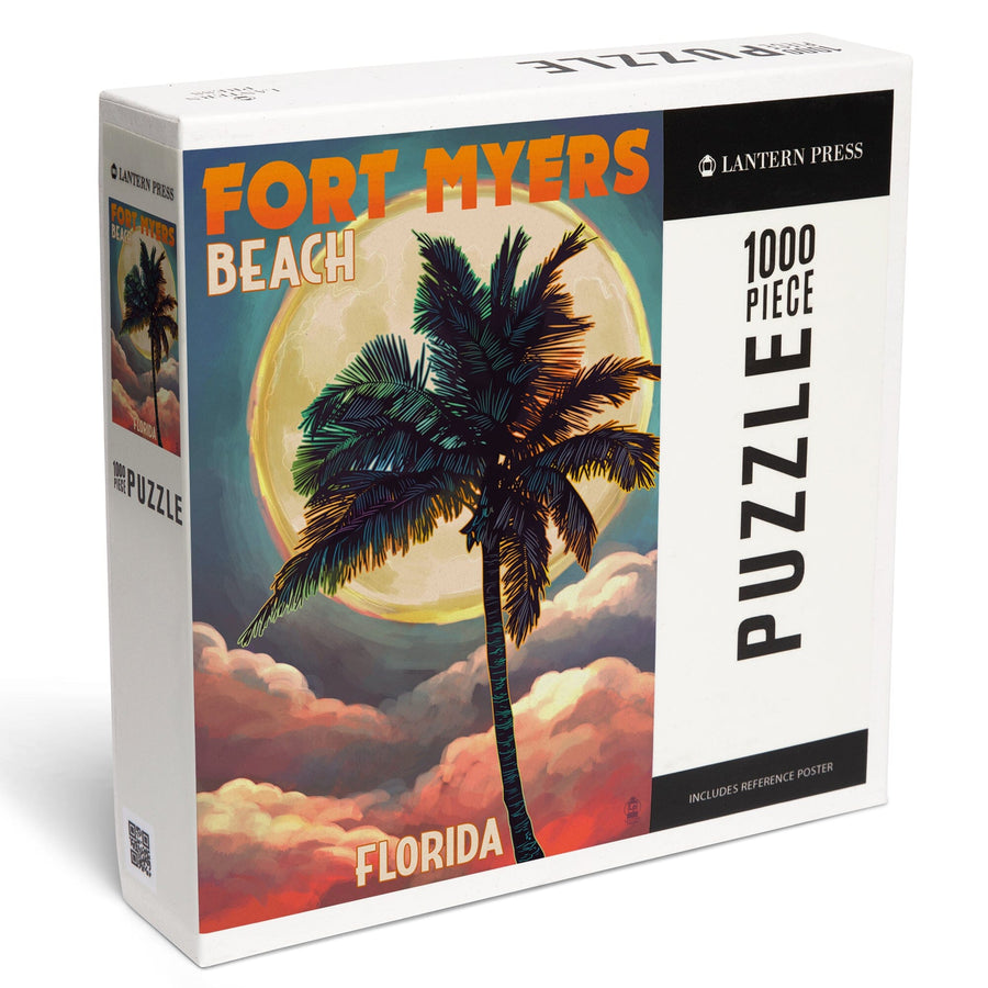 Fort Myers Beach, Florida, Palms and Moon Sunset, Jigsaw Puzzle Puzzle Lantern Press 
