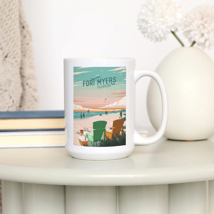 Fort Myers, Florida, Bottle This Moment, Beach Chairs, Painterly, Ceramic Mug Mugs Lantern Press 