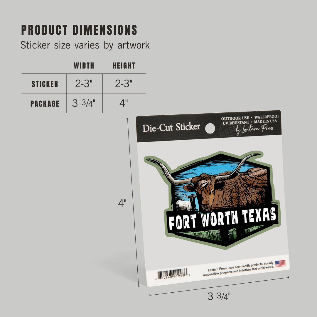 Fort Worth, Texas, Longhorn, Scratchboard, Contour, Lantern Press Artwork, Vinyl Sticker - Lantern Press