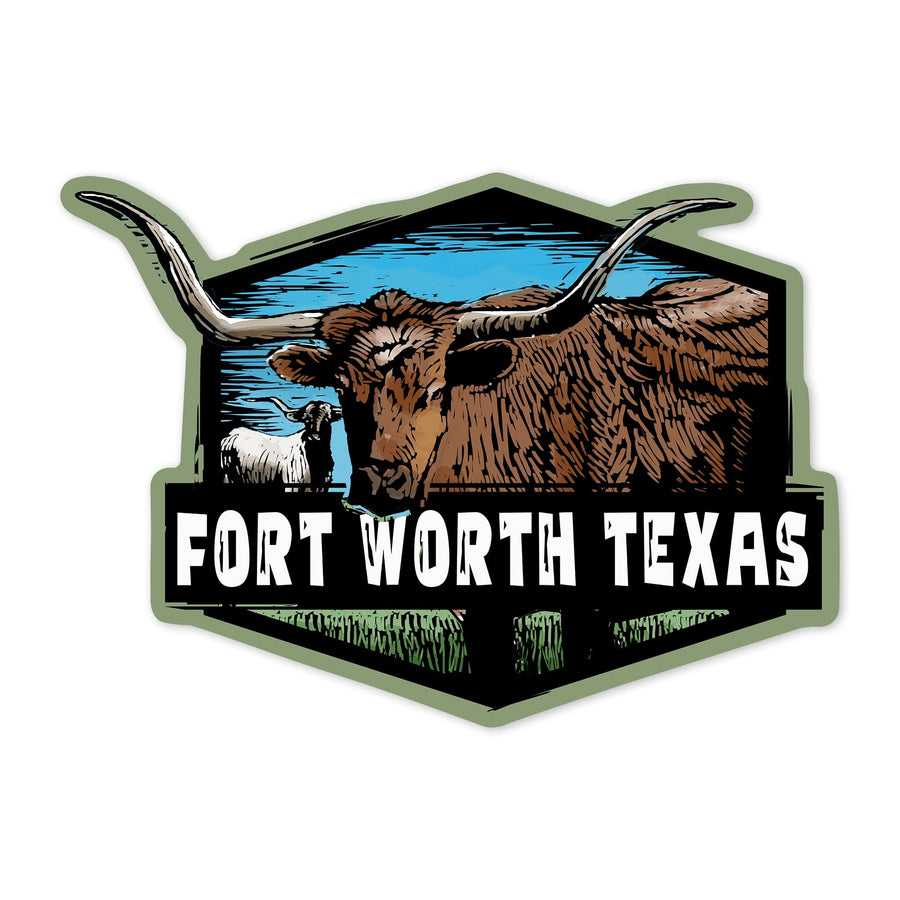 Fort Worth, Texas, Longhorn, Scratchboard, Contour, Lantern Press Artwork, Vinyl Sticker - Lantern Press