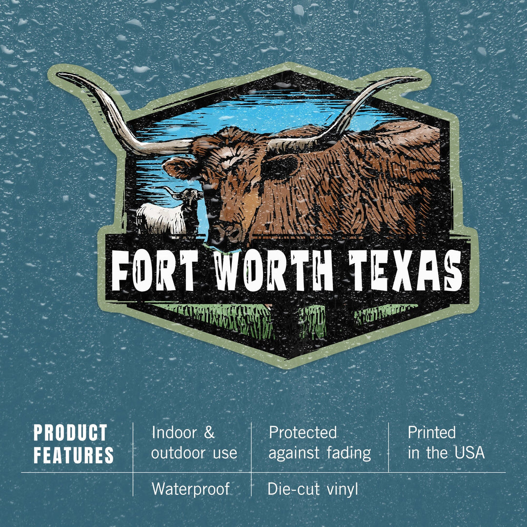 Fort Worth, Texas, Longhorn, Scratchboard, Contour, Lantern Press Artwork, Vinyl Sticker - Lantern Press