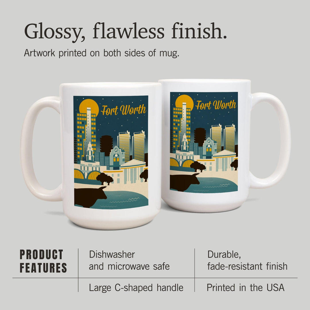 Fort Worth, Texas, Retro Skyline Series, Lantern Press Artwork, Ceramic Mug Mugs Lantern Press 