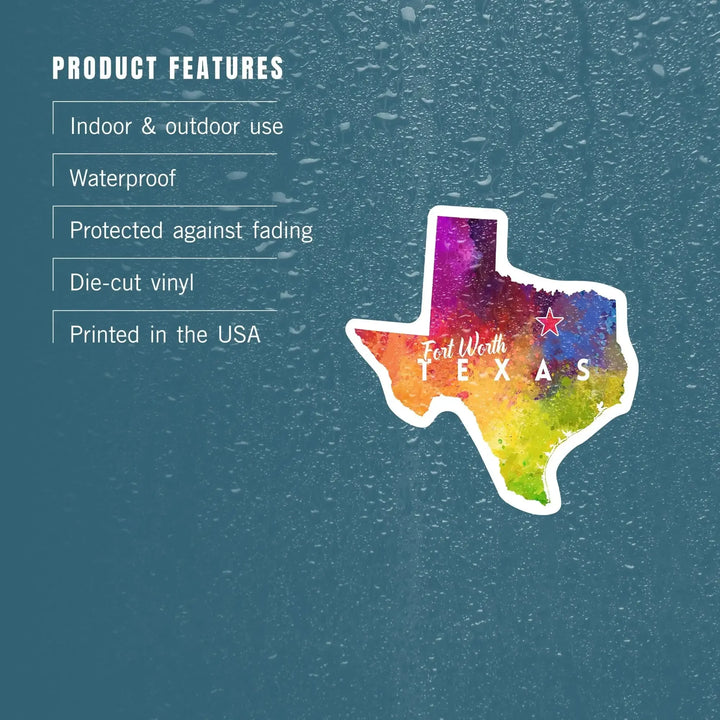 Fort Worth, Texas, State Abstract Watercolor, Contour, Vinyl Sticker Sticker Lantern Press 