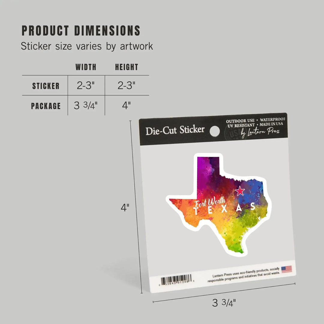 Fort Worth, Texas, State Abstract Watercolor, Contour, Vinyl Sticker Sticker Lantern Press 