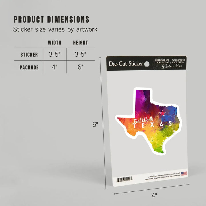 Fort Worth, Texas, State Abstract Watercolor, Contour, Vinyl Sticker Sticker Lantern Press 
