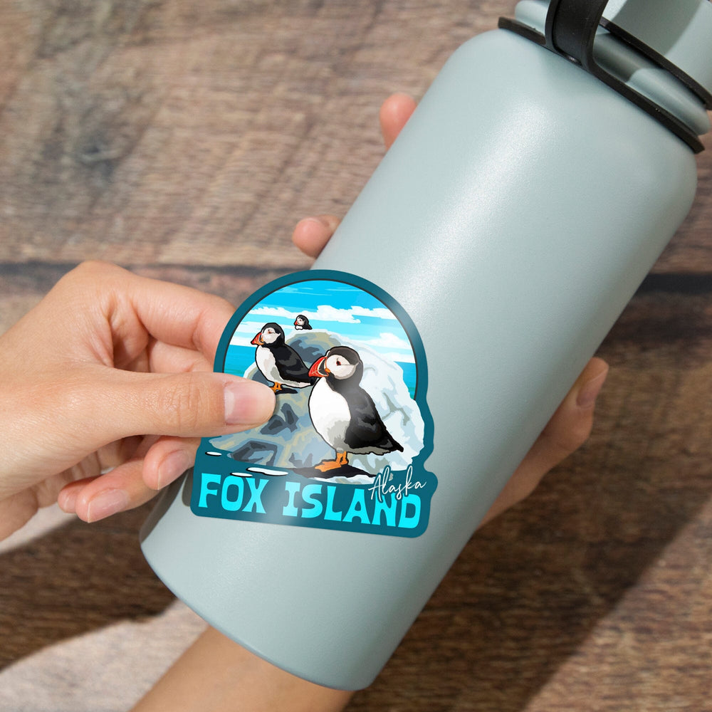 Fox Island, Alaska, Puffins on Rock, Contour, Vinyl Sticker - Lantern Press