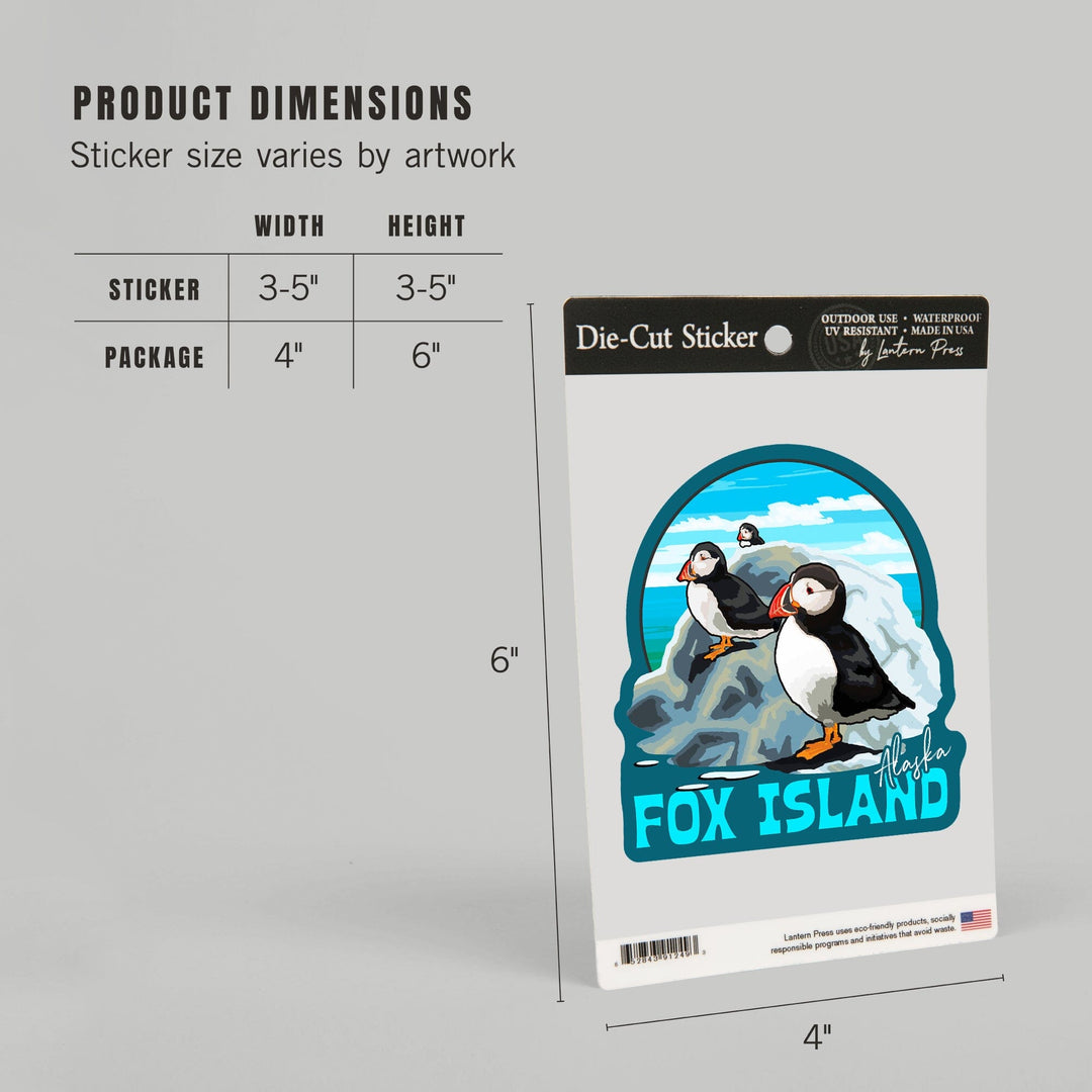 Fox Island, Alaska, Puffins on Rock, Contour, Vinyl Sticker - Lantern Press