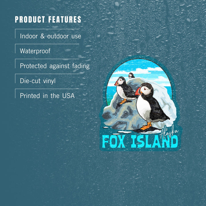 Fox Island, Alaska, Puffins on Rock, Contour, Vinyl Sticker - Lantern Press