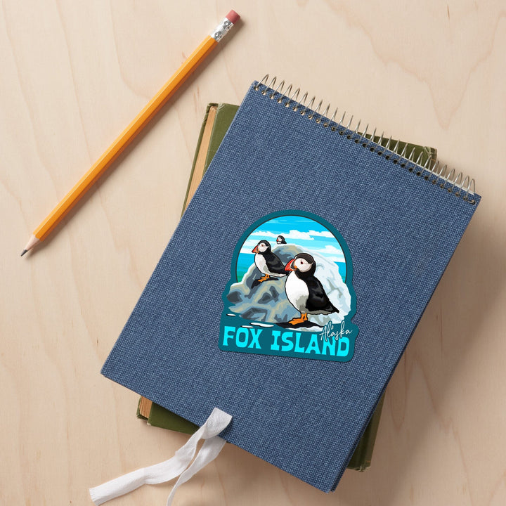 Fox Island, Alaska, Puffins on Rock, Contour, Vinyl Sticker - Lantern Press