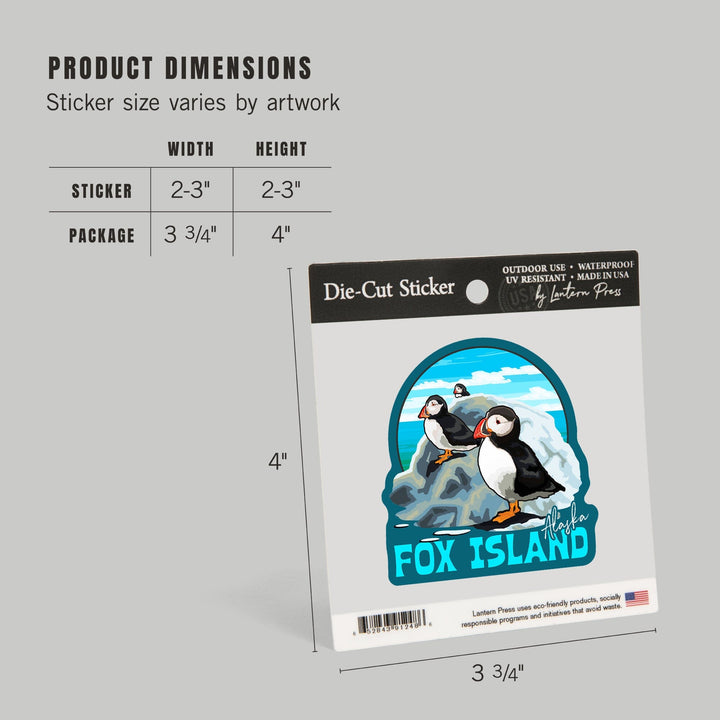 Fox Island, Alaska, Puffins on Rock, Contour, Vinyl Sticker - Lantern Press