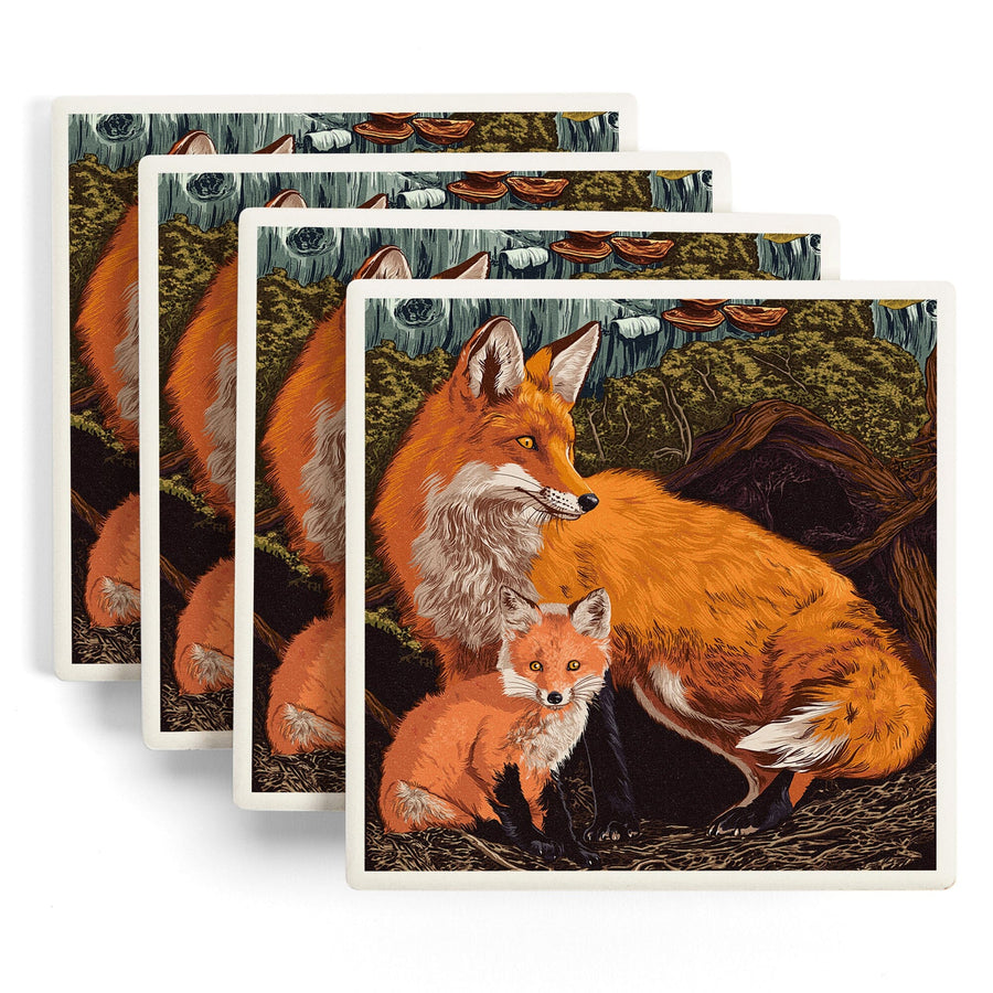 Fox & Kit, Letterpress, Lantern Press Poster, Coaster Set - Lantern Press