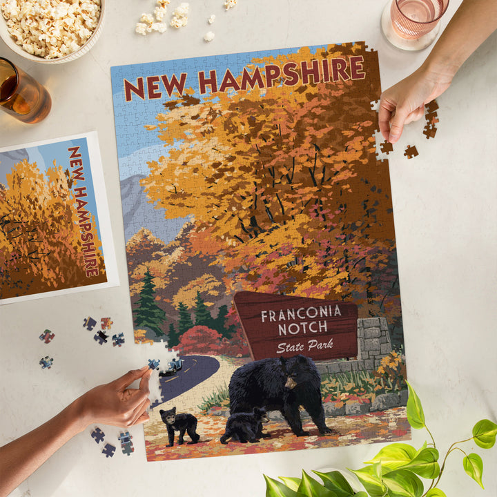 Franconia Notch State Park, New Hampshire, Bear Family and Fall Colors, Jigsaw Puzzle Puzzle Lantern Press 