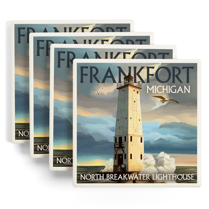 Frankfort Lighthouse, Michigan, Lantern Press Artwork, Coaster Set - Lantern Press