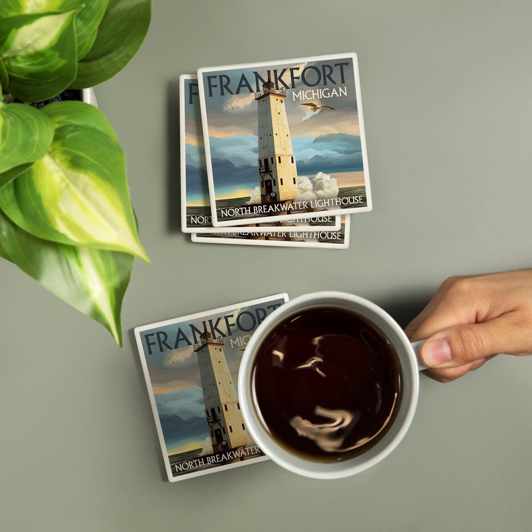 Frankfort Lighthouse, Michigan, Lantern Press Artwork, Coaster Set - Lantern Press