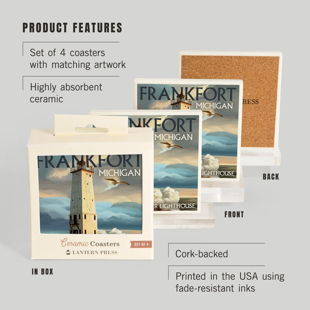 Frankfort Lighthouse, Michigan, Lantern Press Artwork, Coaster Set - Lantern Press