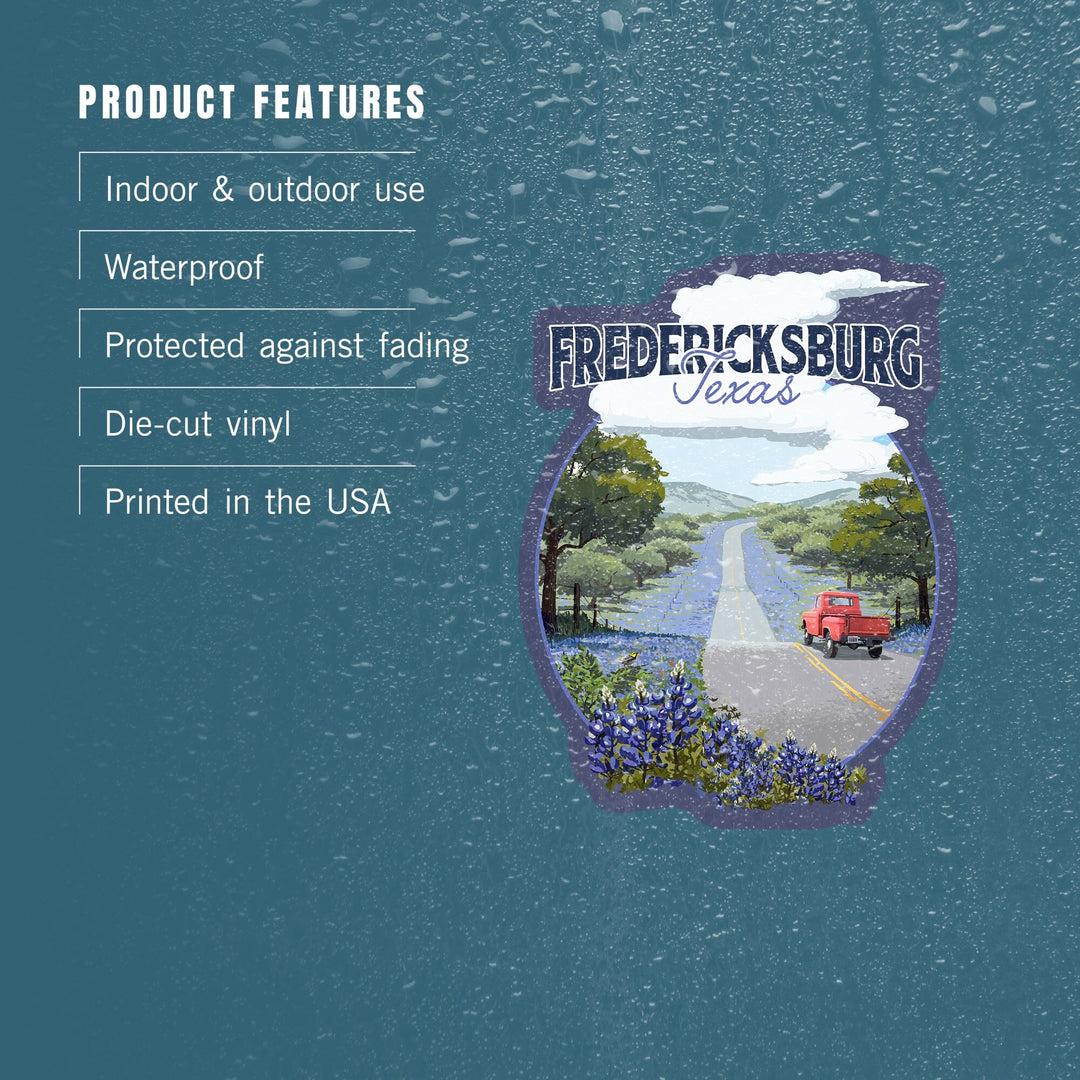 Fredericksburg, Texas, Bluebonnets and Highway, Contour, Vinyl Sticker Sticker Lantern Press 