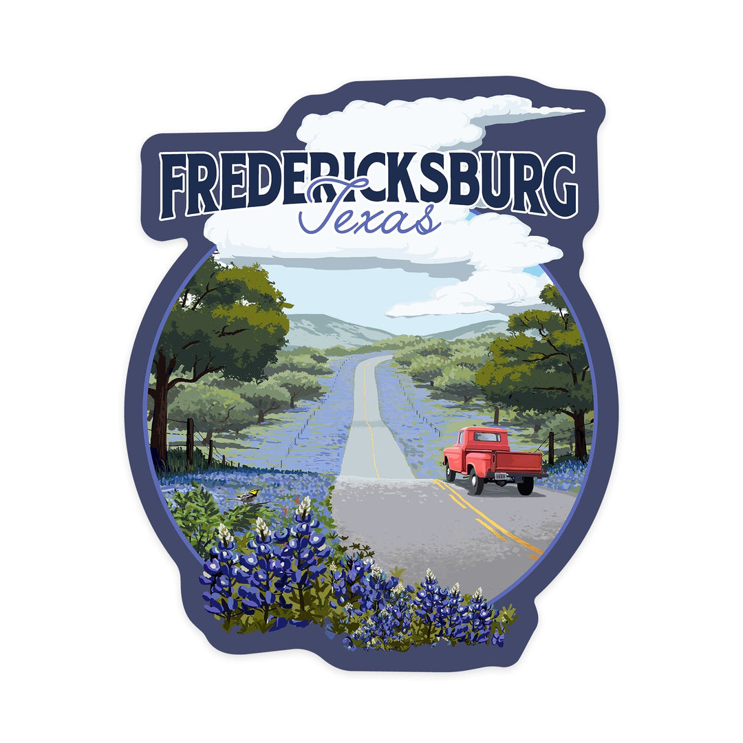 Fredericksburg, Texas, Bluebonnets and Highway, Contour, Vinyl Sticker Sticker Lantern Press 