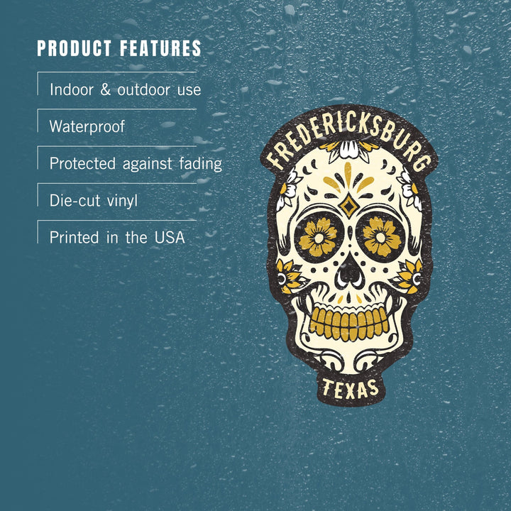 Fredericksburg, Texas, Day of the Dead, Sugar Skull and Flower Pattern (Black and Gold), Vinyl Sticker - Lantern Press