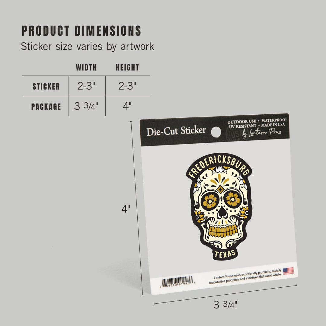 Fredericksburg, Texas, Day of the Dead, Sugar Skull and Flower Pattern (Black and Gold), Vinyl Sticker - Lantern Press