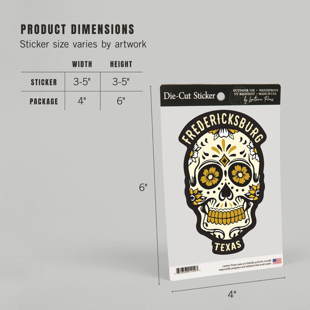 Fredericksburg, Texas, Day of the Dead, Sugar Skull and Flower Pattern (Black and Gold), Vinyl Sticker - Lantern Press