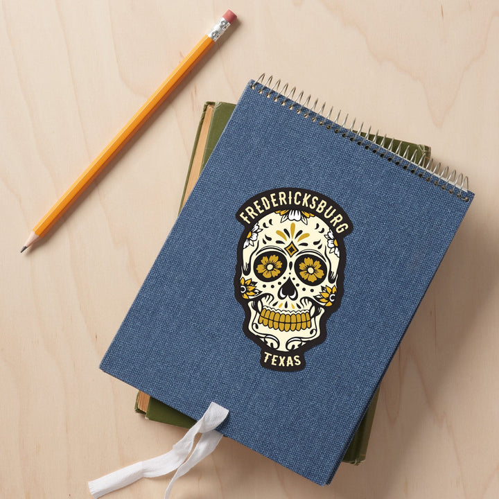 Fredericksburg, Texas, Day of the Dead, Sugar Skull and Flower Pattern (Black and Gold), Vinyl Sticker - Lantern Press