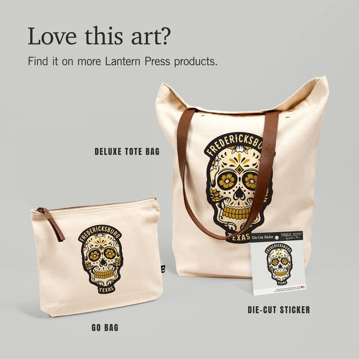 Fredericksburg, Texas, Day of the Dead, Sugar Skull and Flower Pattern (Black and Gold), Vinyl Sticker - Lantern Press