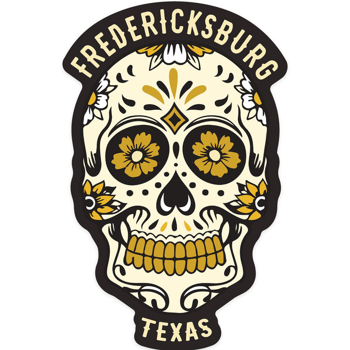 Fredericksburg, Texas, Day of the Dead, Sugar Skull and Flower Pattern (Black and Gold), Vinyl Sticker - Lantern Press